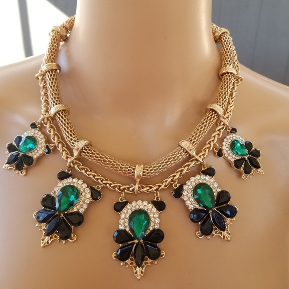 GOLDTONE MESH ROPE & WHEAT CHAIN WITH GREEN, BLACK & WHITE RHINESTONES NECKLACE - Picture 1 of 7
